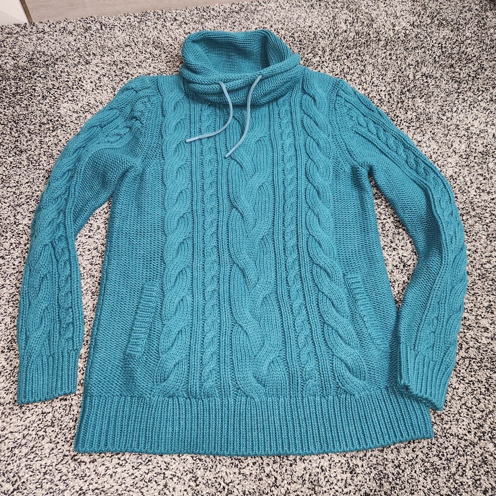 L.L. Bean Double L Mixed Cable Sweater Funnelneck Teal,chunky Thick Pocket Sz M